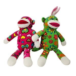 Dan Dee Sock Monkey Plush Lot Pink Hearts & Green Floral Bunny Ears 12" Set of 2
